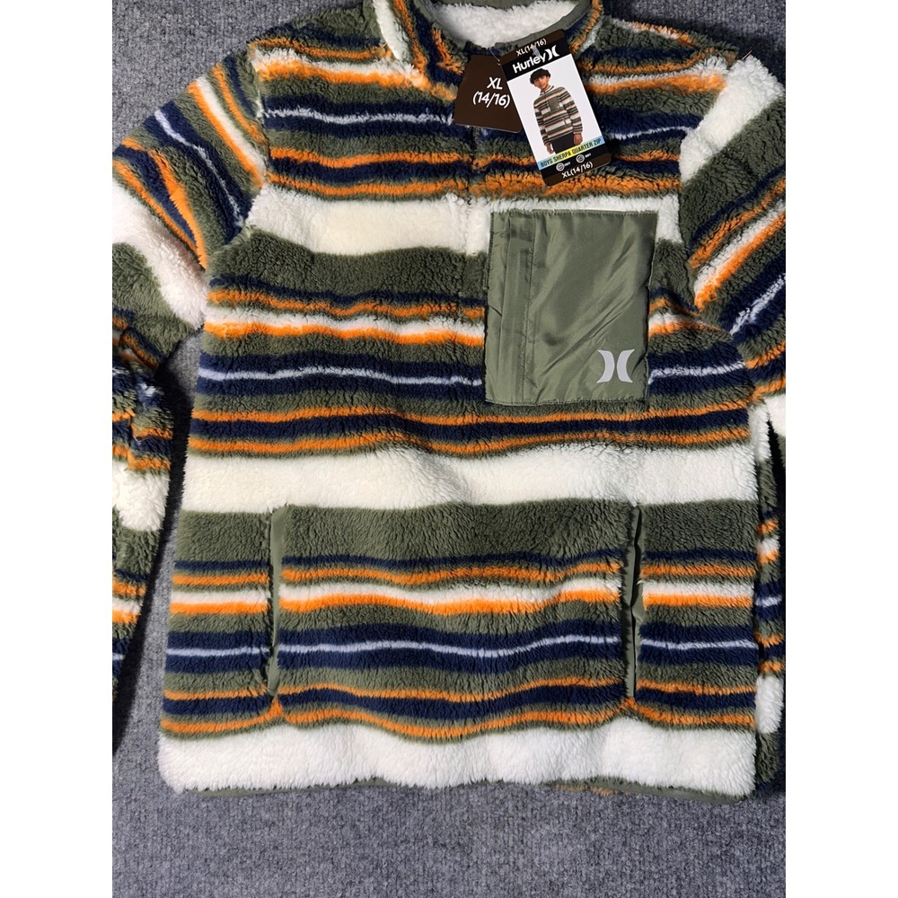 Hurley Boys Sherpa Quarter Zip Pullover Fern Green Striped Fleece XL 14/16 NEW - Picture 2 of 7